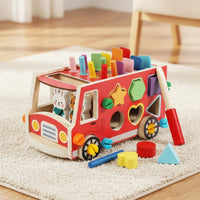 Wooden Bus with Push-Along Bus Shape Sorter Educational Wooden Shape Sorter for Young Children, Kids