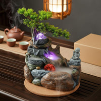 Ideal Gift Circulating Water Desk Feature Miniature Landscape Rockery Waterfall Fountain Air Humidifier LED Rockery Water Fountain Hand-Painted for Business Owners, Office, Living Room, Entryway