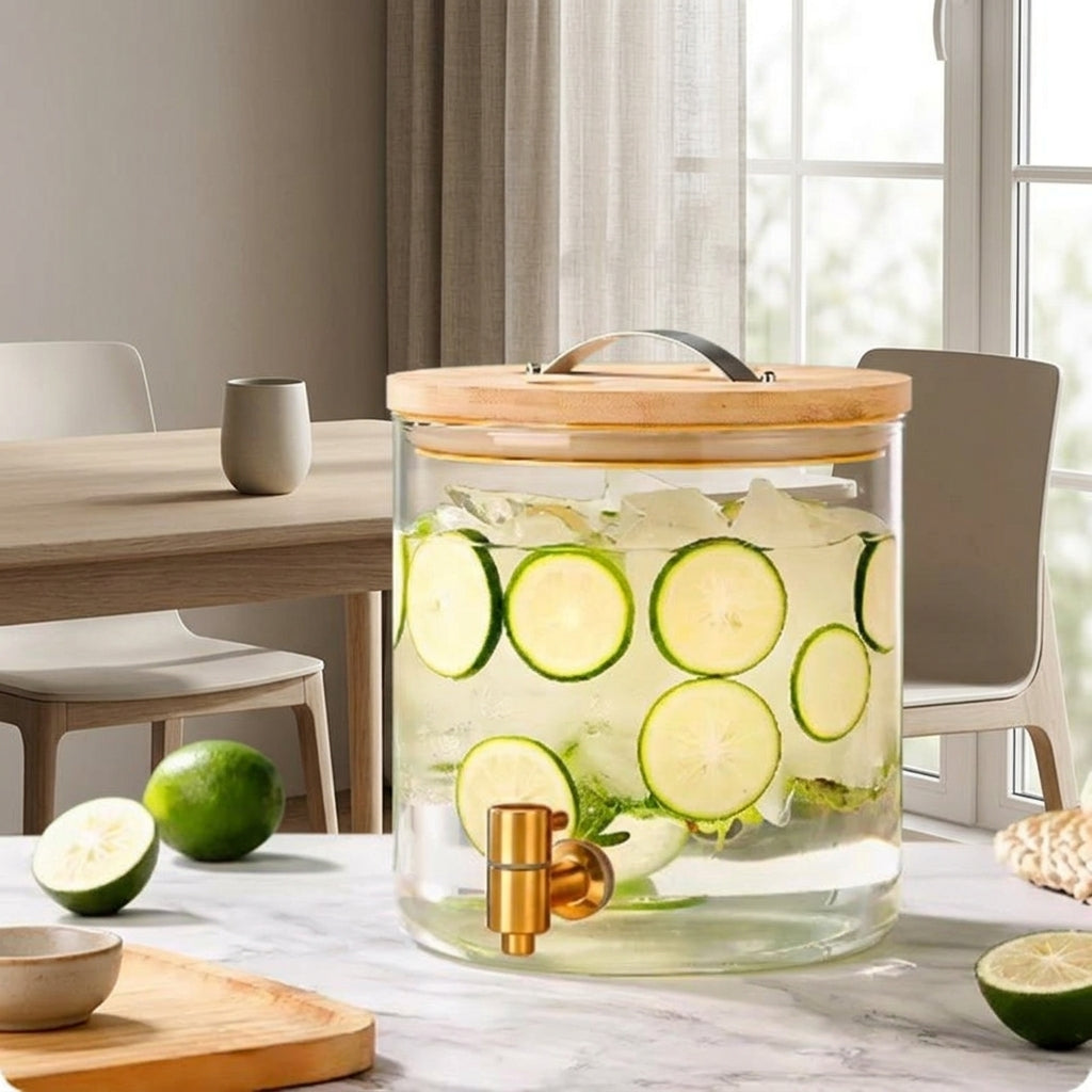 Water Dispenser and Drink Dispenser with Tap, Large Glass Cold Brew Coffee Maker with Wooden Stand, Transparent Party Refrigerator Container