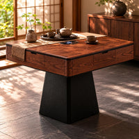 Tapered Pedestal Base Mahjong Machine Table Built-in Square Mahjong Table Wood-Grain Black Border