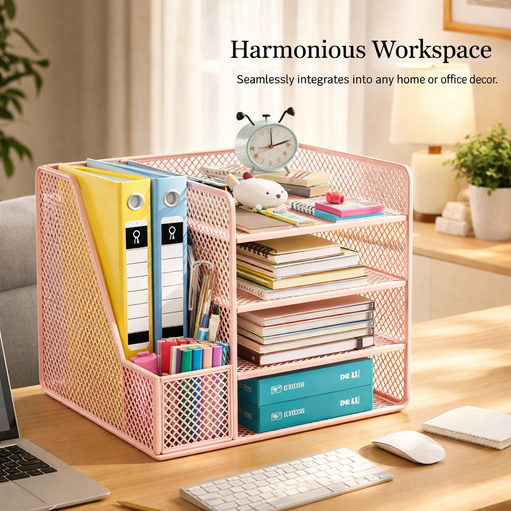 4 Tier Vertical File Organizer for Desk, Standing Document Holder Rack, Iron Desktop Storage for Office Workspace Organization