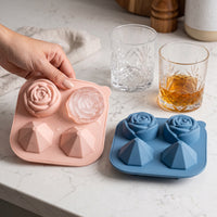 Diamond Rose Ice Ball Mold for Whiskey and Cocktails, 4-Cavity Silicone Ice Cube Tray for DIY Valentine's Day Drinks