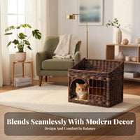 All-Season Use Wicker Cat House Handwoven Enclosed Cat Bed Includes Cushion and Mat Rattan Pet Kennel Breathable for Cats, Kittens, Small Pets, Indoors, Indoor, Living Room, Bedroom