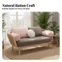 Rattan Sofa Minimalist Design Wicker Couch with Cushion Aesthetic Woven Cane Loveseat for Apartment Dwellers, Couples, Balcony, Sunroom, Patio