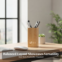 Wood Desk Clock Holder Office Item Space-Saving LED Pen Holder Clock Easy to Read Open-Top Smooth Finish for Desktop