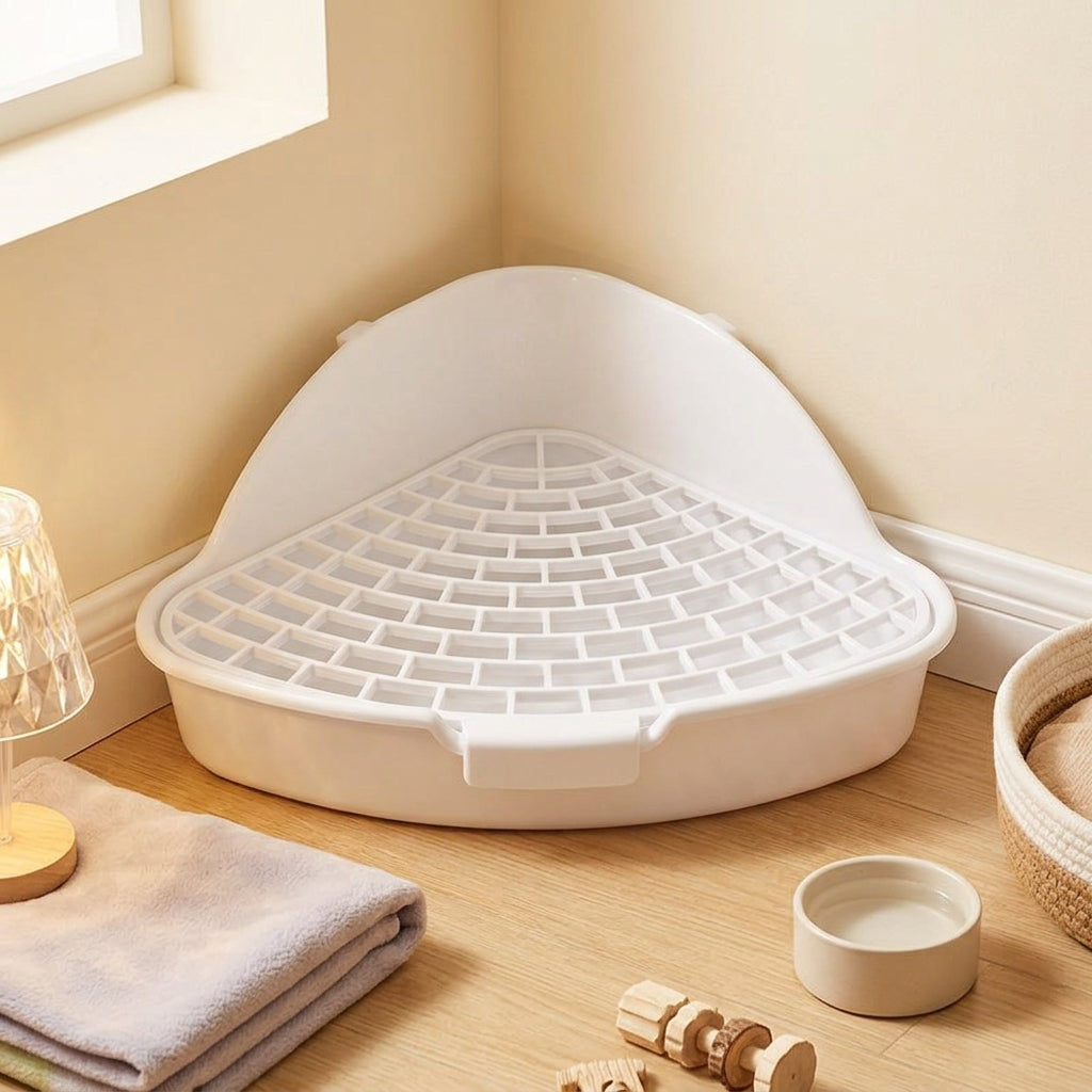 Bunny Litter Tray and Bunny Litter Box, Shallow Bunny Restroom Tray for Guinea Pigs, Triangular Corner Toilet with Removable Grate