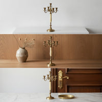 Five-Arm Candelabra Brass-Colored Tabletop Candelabra Sculptural Candlestick Holder with Round Base for Entryway