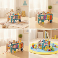 Natural Wood Pounding Bench with Xylophone Multicolor Elephant Activity Center Interactive Wooden Elephant Toy Colorful for Toddlers, Kids, Babies, Playroom, Nursery, Daycare