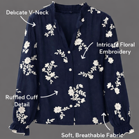 Going Out Tops for Women UK with Embroidered Floral Detail, V Neck Long Sleeve Blouse in Polyester Sheer Fabric, Nice Party with Tailored Fit