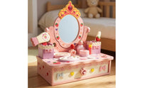Pretend Dress-up Station Box Pink-Themed Play Makeup Vanity with Drawer Tabletop for Playroom