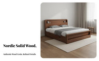 Nordic Design Solid Wood Bed Frame with Drawers No Box Mattress Foundation Needed Solid Wood Storage Bed Sturdy and Stable Bedroom Furniture Quiet Design for Couples, Adults, Homeowners, Apartment, Guesthouse, Guest Room, Home