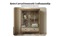 Multi-Functional Carved Door Storage Cabinet Metal Frame Accents Rustic Carved Wood Cabinet Farmhouse Accent Chest for Guesthouse Owners, Interior Decorators, Apartment Dwellers, Dining Room, Bedroom, Entryway, Hallway