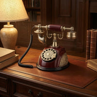 Burgundy-Red Vintage Rotary Telephone Gold-Tone Accents Decorative Tabletop Telephone Ornate Old Fashioned Corded Phone Coiled Cord