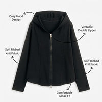 Knitted Cardigan for Women with Double Zipper Closure and Hooded Design, Ribbed Knit for Autumn and Fall Season, Comfortable Fit
