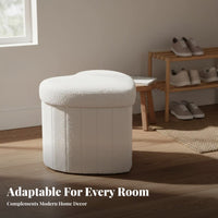 Teddy Fleece Upholstery Heart-Shaped Storage Stool Foldable Design Heart-Shaped Vanity Stool Multi-Functional Upholstered Footstool Boucle Texture for Students, Adults, Teens, Entryway, Living Room, Bedroom
