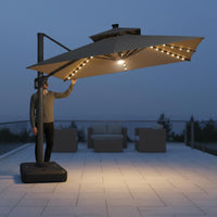 Solar LED Cantilever Umbrella Protection Offset Patio Umbrella with Lights Resistant Offset Lighted Parasol for Backyard, Deck, Commercial Use