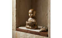 Carved Robe Folds Bronze Monk Candle Holder Polished Bald Head Seated Monk Figurine Compact Lotus Cup Statue Ornamental for Desktop