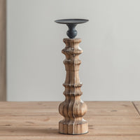 Wood Pillar Candle Stand Distressed Finish Rustic Wooden Candle Holder Vintage Wooden Candlestick Black Metal