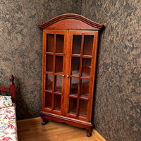 1:12 Scale Miniature Display Cabinet Wooden Dollhouse Cabinet with Glass Doors Vintage Furniture Walnut for Collectors