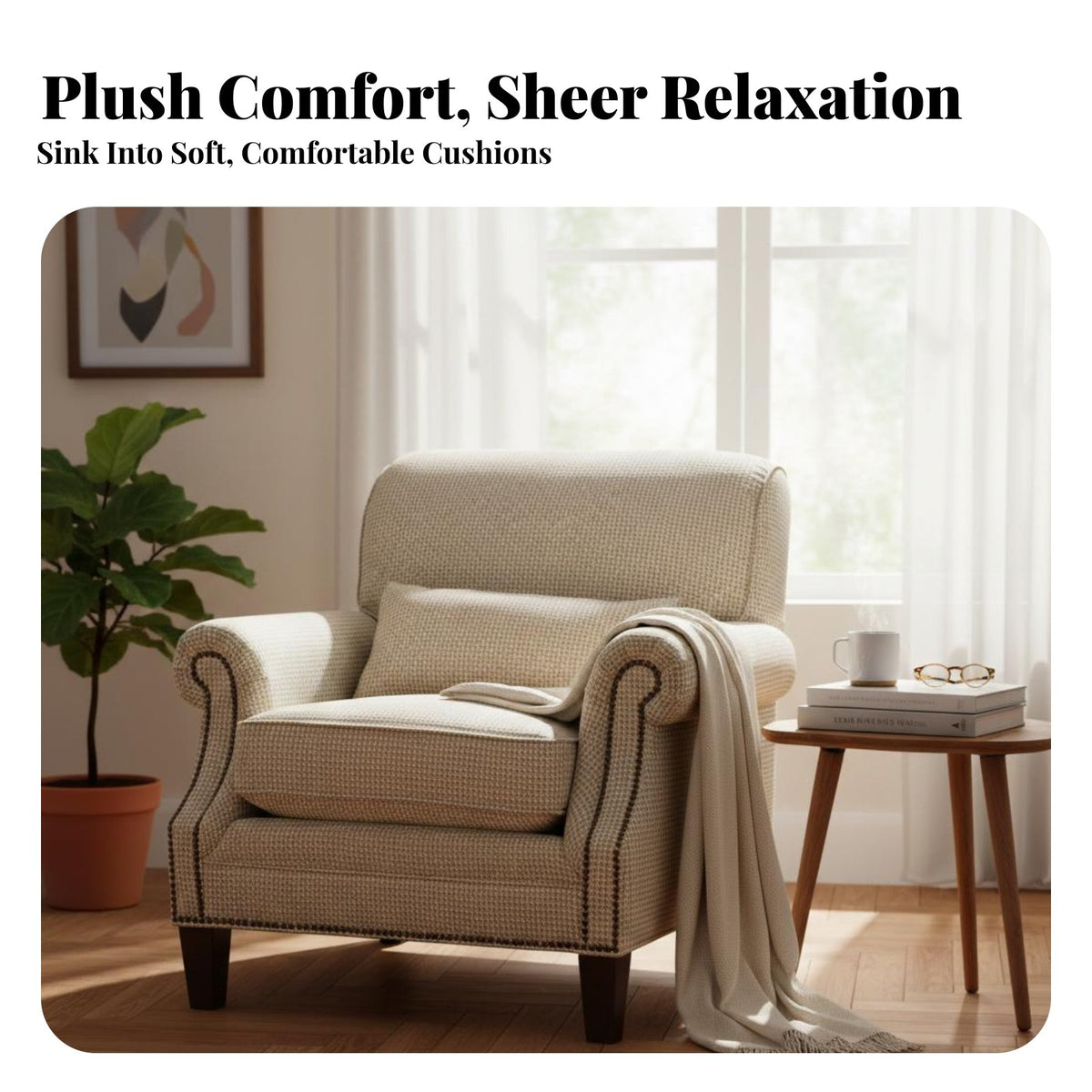Modern Western aesthetic Houndstooth Armchair Comfortable Soft Seat Upholstered Accent Chair Chic Design Single Sofa timeless Aesthetic for Homeowners, Apartment Dwellers, Book Lovers, Bedroom, study alcove, Home Office
