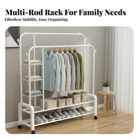 Easy Assembly Heavy Duty Garment Rack Large Capacity Freestanding Metal Garment Stand Multi-Purpose Double Rod Clothing Organizer Movable for Homeowners, Students, Renters, Balcony, Bedroom, Laundry Room, Entryway