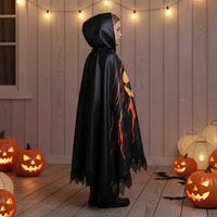 Scary Pumpkin Specter Costume Digital Print Hooded Pumpkin Lantern Cape Tattered Hem Halloween Outfit for Trick-or-Treating