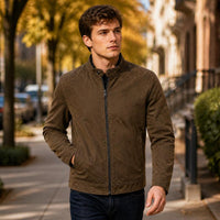 Men's Suede Leather Jacket Stand Collar Casual Slim Fit Motorcycle Coat