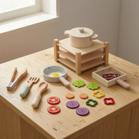 Wooden Play Kitchen Rounded Shapes Wooden Cooking Set Food-Shaped Role-Play Kitchen Set