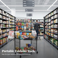 Grid Panel Design Foldable Market Stall Cart With Wheels Collapsible Vendor Display Shelf Large Capacity 2-Tier Gridwall Display Stand Lightweight for Street Vendors, Small Business Owners, Exhibitors, Night Markets, Supermarkets, Craft Exhibition S