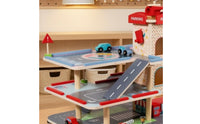 Elevator Lift Wooden Toy Car Garage Printed Road Markings Wooden Parking Garage Open Arch Entrances for Children