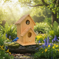 Wooden Birdhouse with Gabled Roof, Small Wooden House for Backyard Birdhouse Nesting, Outdoor Birdhouse Breeding Box with Round Hole, No Perch
