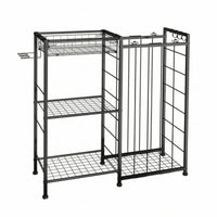 Wire Frame Sports Ball Rack Black Metal Tiered Ball Rack Elastic Straps Foldable for Indoor Use