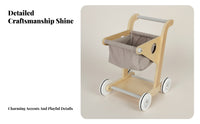 Four Wheels Wooden Shopping Cart Open Design Pretend Grocery Cart for Toddlers, Walking Practice