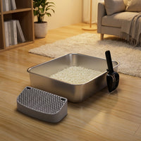 Cat Litter Tray with Ladle and Mat, Stainless Steel Flat Bottom Open Pan for Big Cats, Easy Clean Square Basin Large Tray