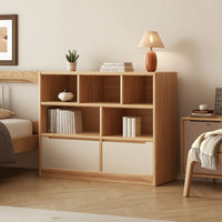 Low Bookshelf with Cubbies Wood Grain Bookcase with Doors Floor-Standing Low Bookcase for Bedroom, Reading Corner