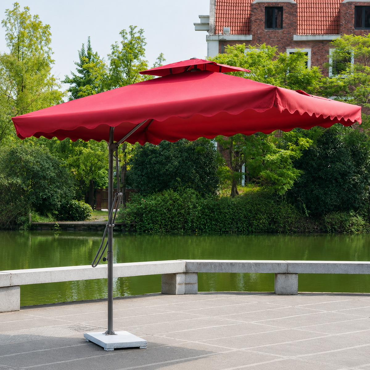 Steel Parasol Garden Umbrella, Cantilever Patio Parasol with Crank Handle, Wine Red Offset Patio Umbrella with Cross Base