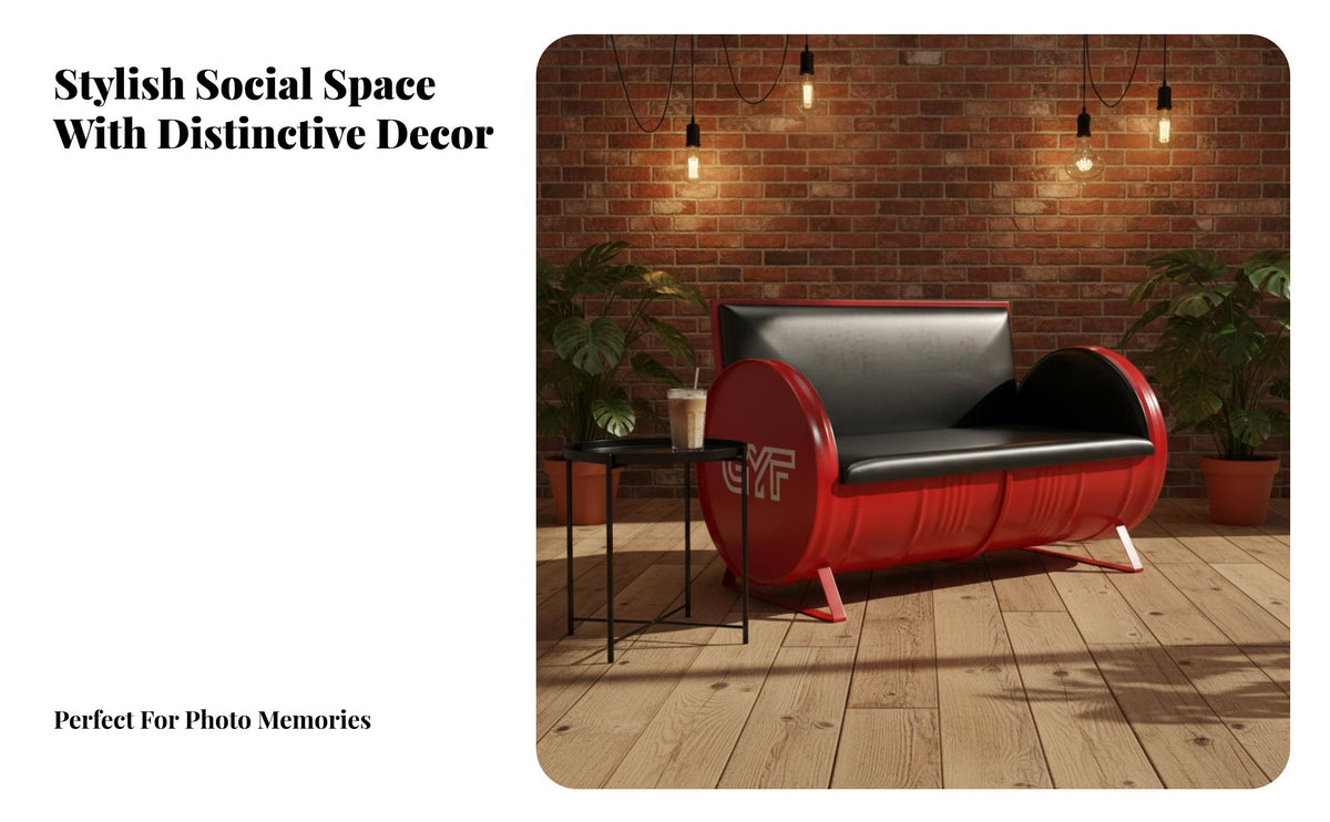 utilitarian aesthetic Oil Drum Armchair distinctive Barrel Design Bar Set chic Look Commercial Furniture for Restaurant Owners, Cafes, lounges, Restaurants, Tea Houses