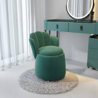 Back Makeup Chair Full Rotation Wheels Shell Back Storage Stool Soft Upholstery Rolling Vanity Ottoman for Women, Bedroom, Nail Salon