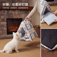 Autumn/Winter Plaid Pet Bed for Dogs, Semi-Enclosed, Warm, Washable