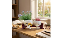 Smiling Faces Rocking Chair Planter Wooden Base Cartoon Plant Pot Set Cute Design Grinning Flower Pot Wood-Grain