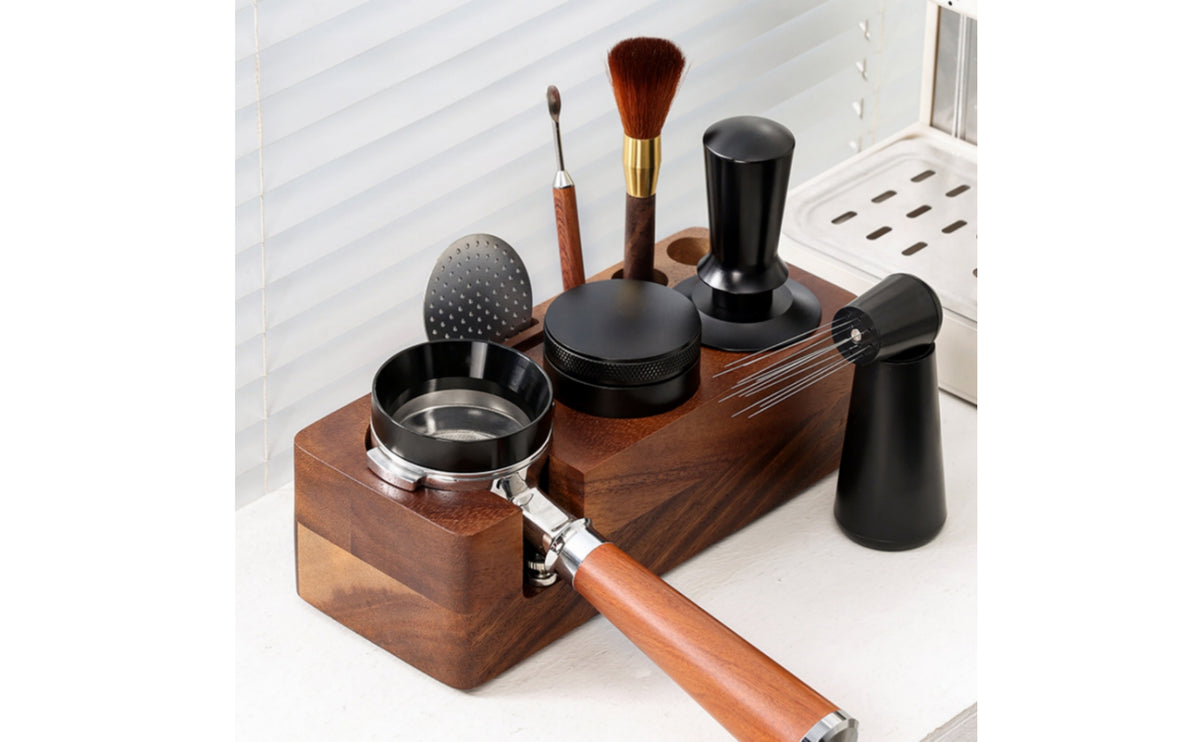 Solid Wood Coffee Tool Holder with Accessories Space-Saving Espresso Tamping Station Wooden Espresso Tools Storage Elegant for Baristas, Kitchen Countertops, Cafes