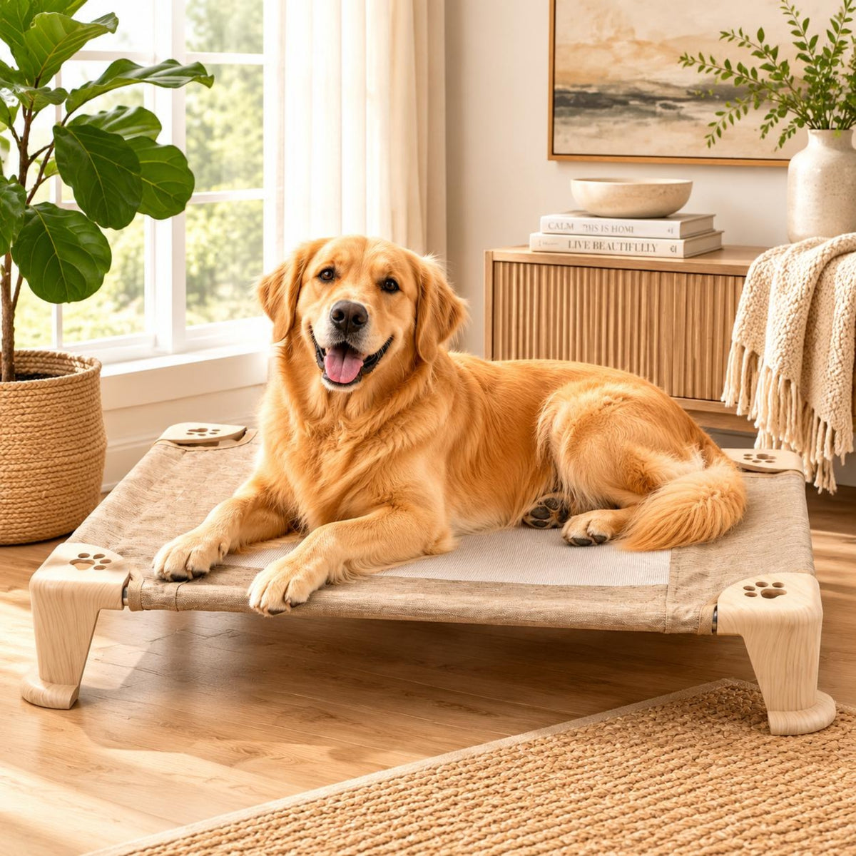 Paw-Print Cutouts Cot-Style Dog Bed Plastic Frame Dog Cot Bed Polyester Breathable