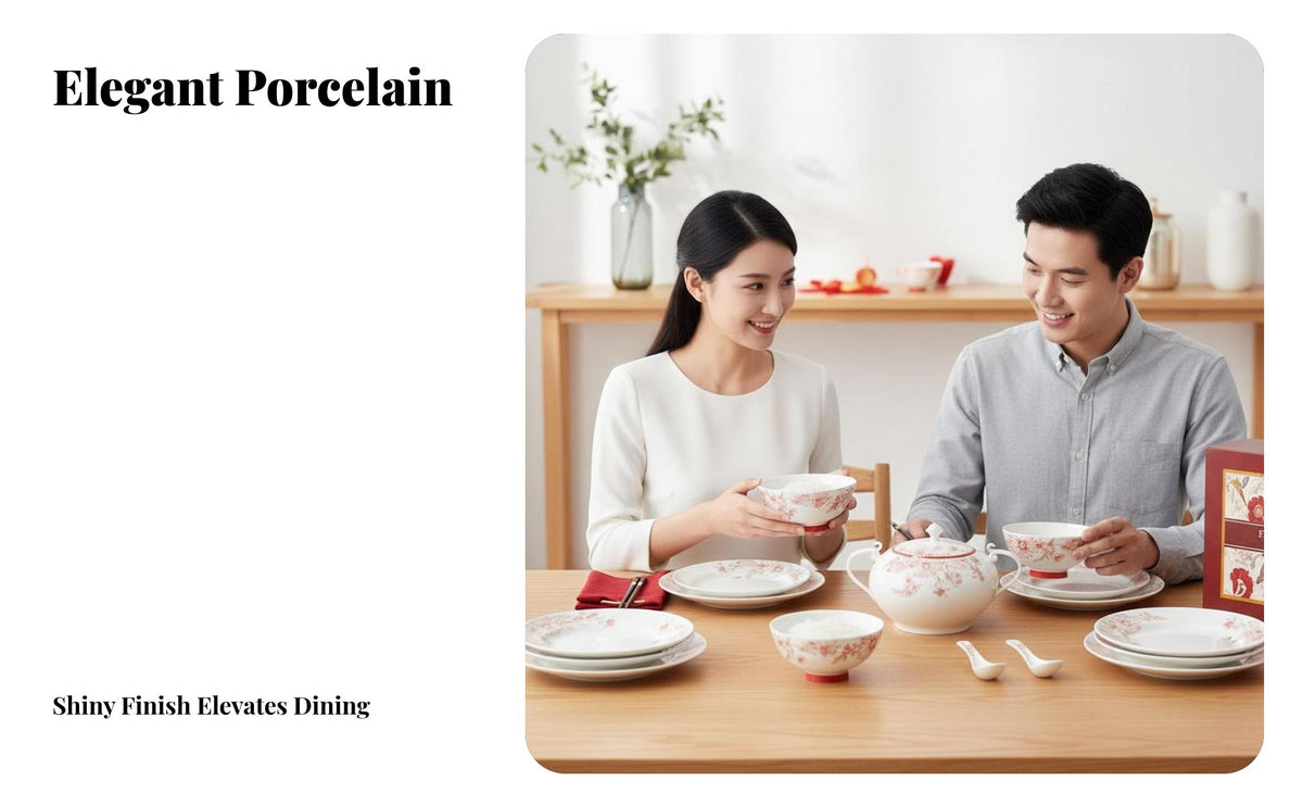 Ceramic Dinnerware Set, Red Floral Bowls Plates Chopsticks, Wedding Gift Home Tableware