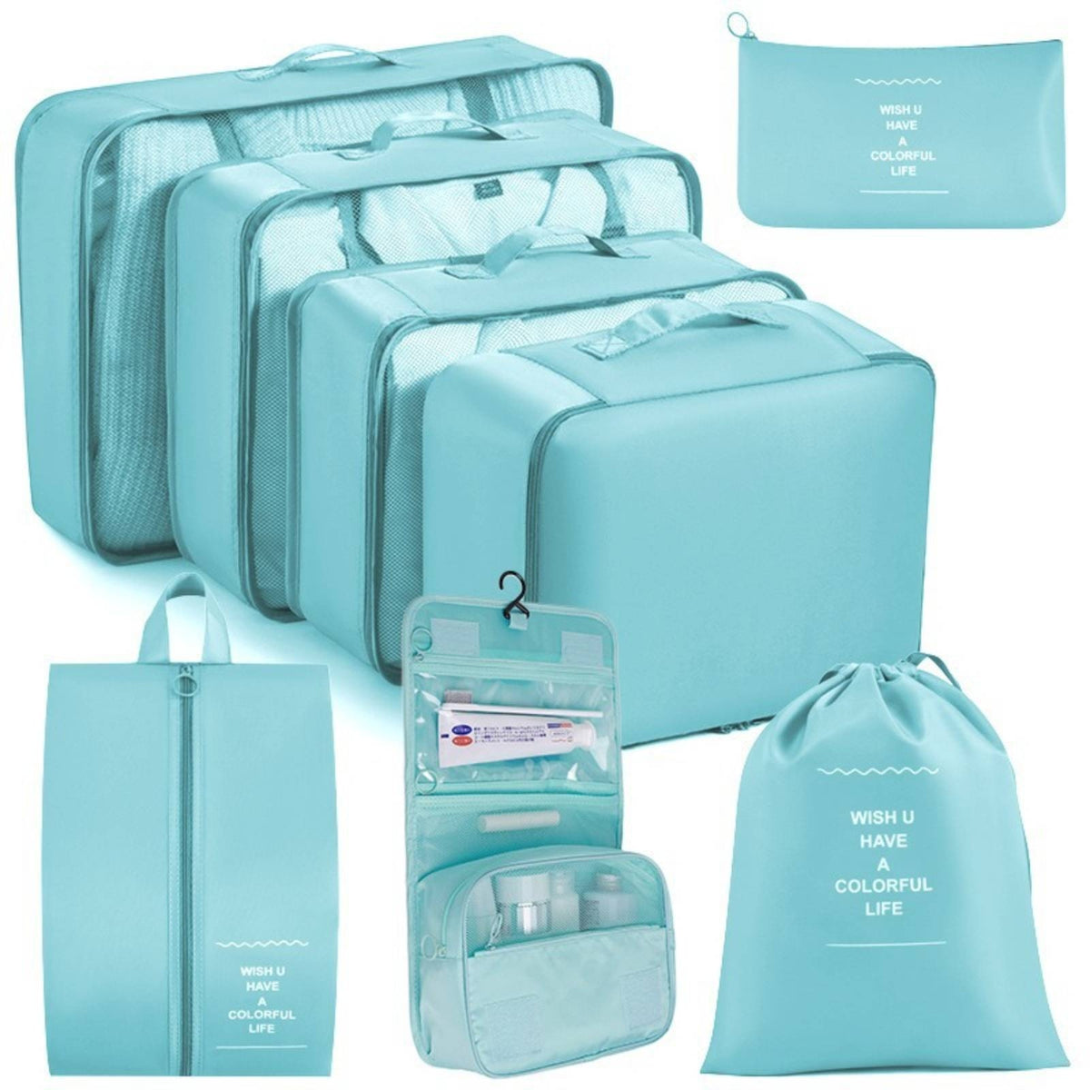 8 Pieces Mesh Panels Travel Bag Set Semi-Rigid Zippered Packing Cube Set Synthetic Material Hanging Toiletry Bag Drawstring