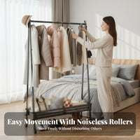 Space-Saving Design Rolling Clothing with Shelf Easy Assembly Wheeled Hanging with Bottom Shelf Multi-Functional Garment Rack Heavy Duty for Homeowners, Renters, Students, Bedroom, Dorm Room, Entryway, Balcony