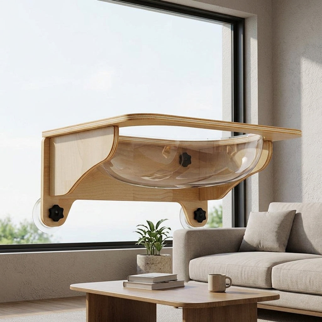 Cat Window Perch Wood Hammock, Suction Cup Mounted Bed for Indoor Pets, Space Saving Furniture Balcony Viewing Spot, Single Level Resting Seat