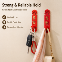 Red Key Holder Wall Hooks, Pressure-sensitive 3M Hooks, Decorative Festive Chinese Traditional Design, Removable Sticky for Key Rings