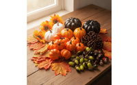 Artificial Pumpkins Assorted Fake Pumpkins with Maple Leaves Mixed Pumpkin Set for Decorators, Thanksgiving, Table Styling, Wreath Making