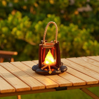 Warm Glow Rechargeable Lantern with Rope Handle Rustic Night Light with Ambient Sound Compact Campfire Lantern Cozy for Nightstand