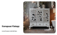 European design 2-Door Carved Console Vintage Design Carved Door Cupboard firm Wood Legs Hallway Cabinet Multi-Functional for Apartment Dwellers, Interior Decorators, Homeowners, Entryway, Foyer, Living Room, Bedroom